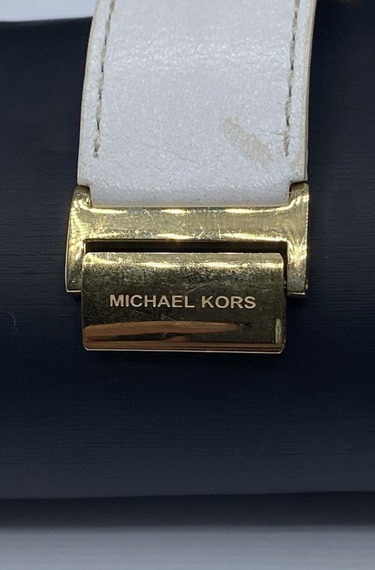 Michael Kors MK-4053 Women’s Gold Tone Square Watch White Leather Band 7″