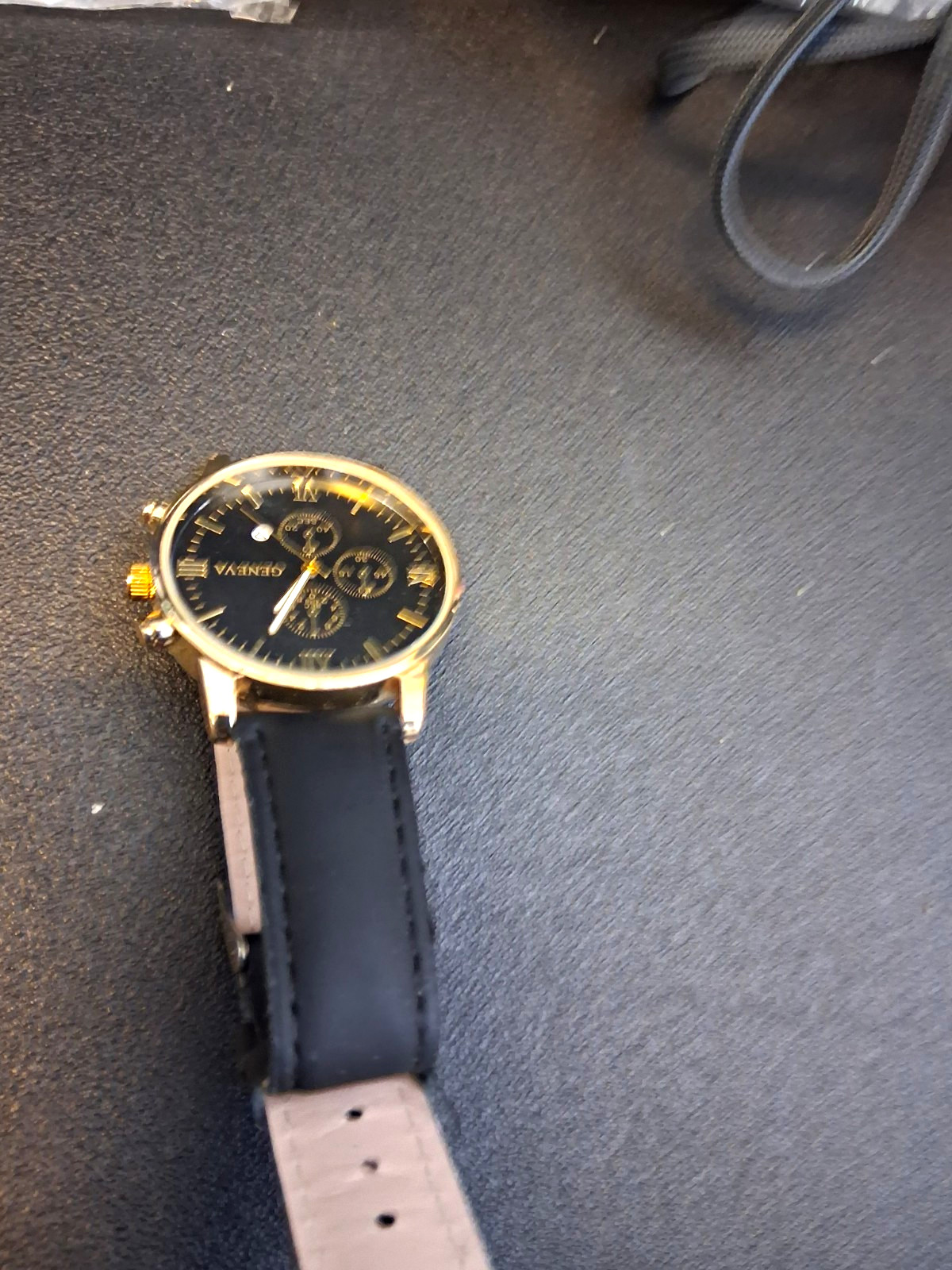 Geneva Chronograph Quartz Watch Black Dial Gold-Tone Case Black Leather Strap