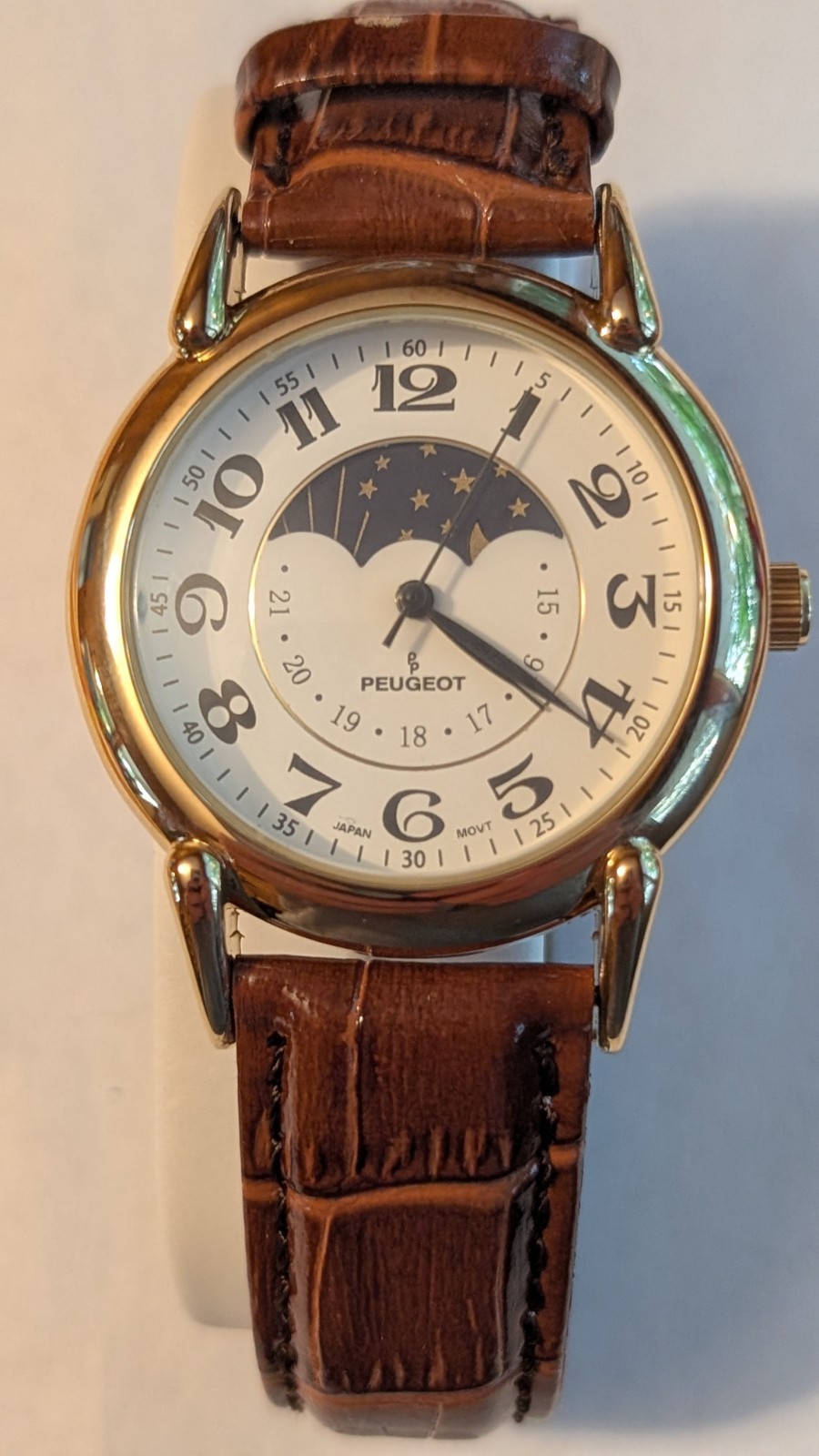 Peugeot 3032 14K Gold Plated Sun Moon Phase Dress Watch NOS Box Warranty RUNNING