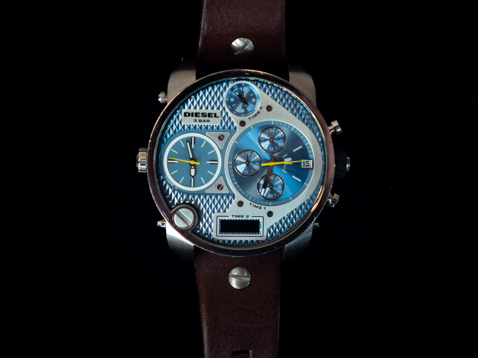 DIESEL DZ-7322 Mr. Daddy 3 Bar Chronograph Blue Dial Brown Leather Men’s Watch 