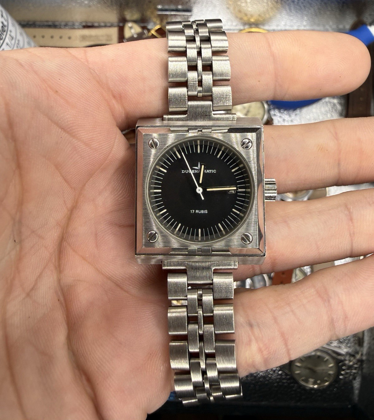 Dugena Automatic 17 Jewel Square Stainless Steel Bracelet Watch Black Dial