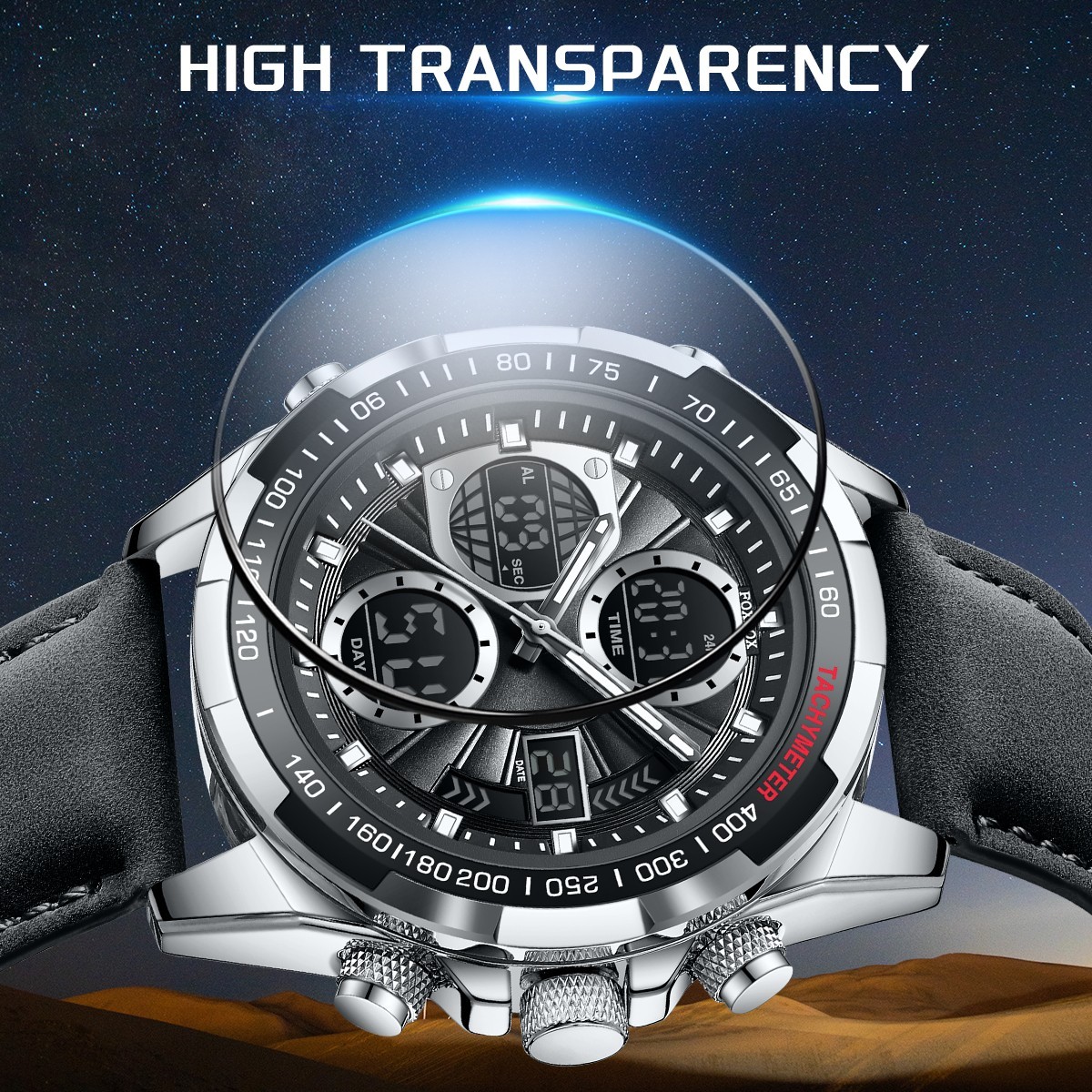 LIGE Men Watch Quartz Digital Luminous Waterproof Leather Band Man Wristwatch