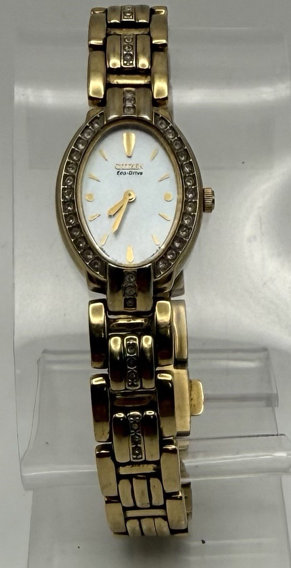 Womens Citizen Eco-Drive Quartz Gold Tone Oval Watch Crystal Bezel Bracelet