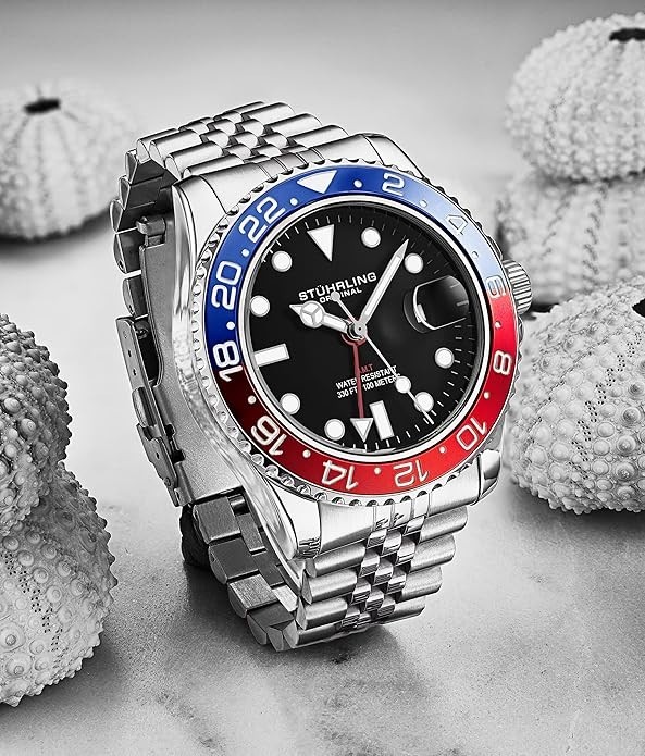 Stuhrling Meridian 3968.2 GMT QUARTZ Pepsi Black Dial Blue & Red Bezel Jubilee