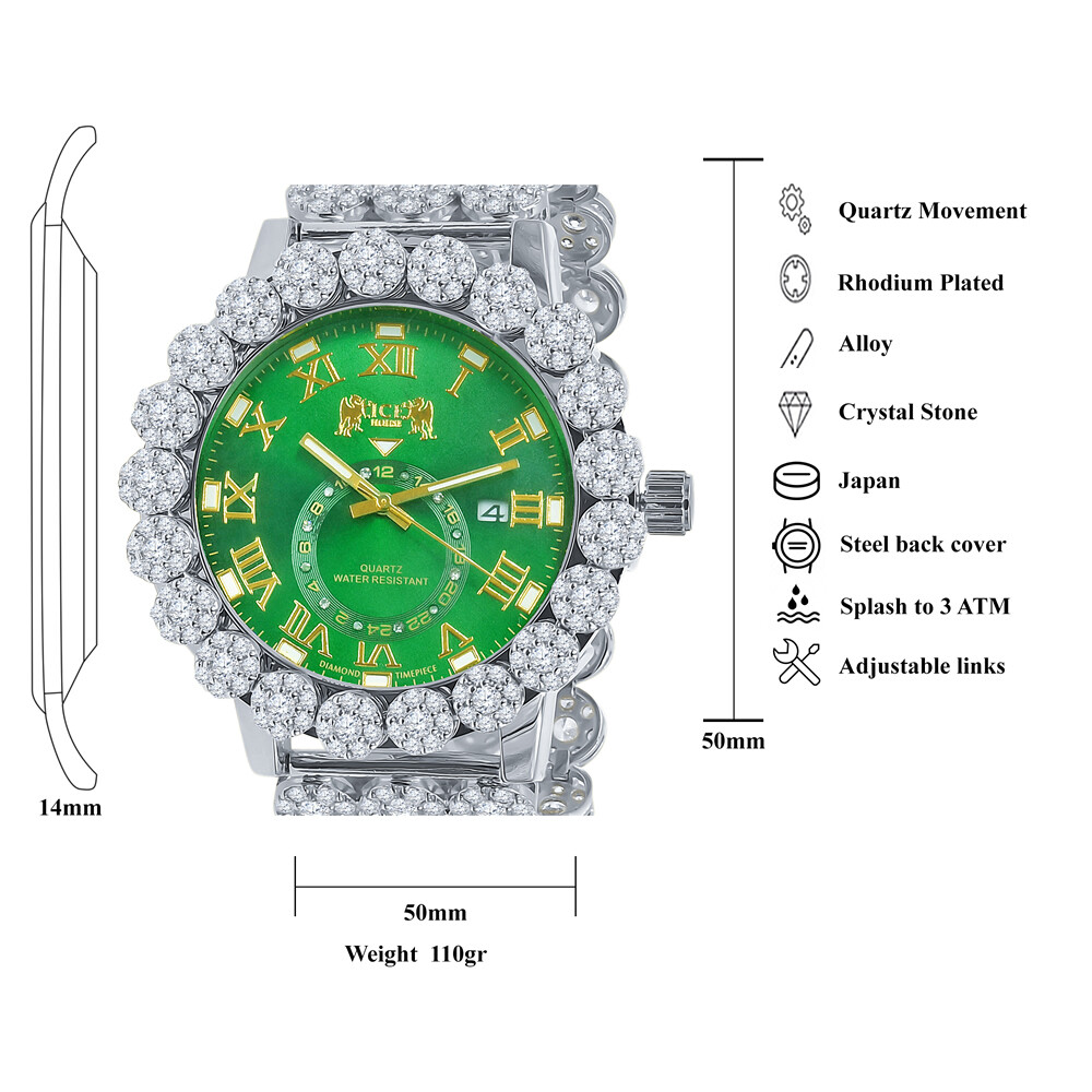 Green Emerald White Gold Tone Finish Real Diamond Flower Custom Band Bezel Watch