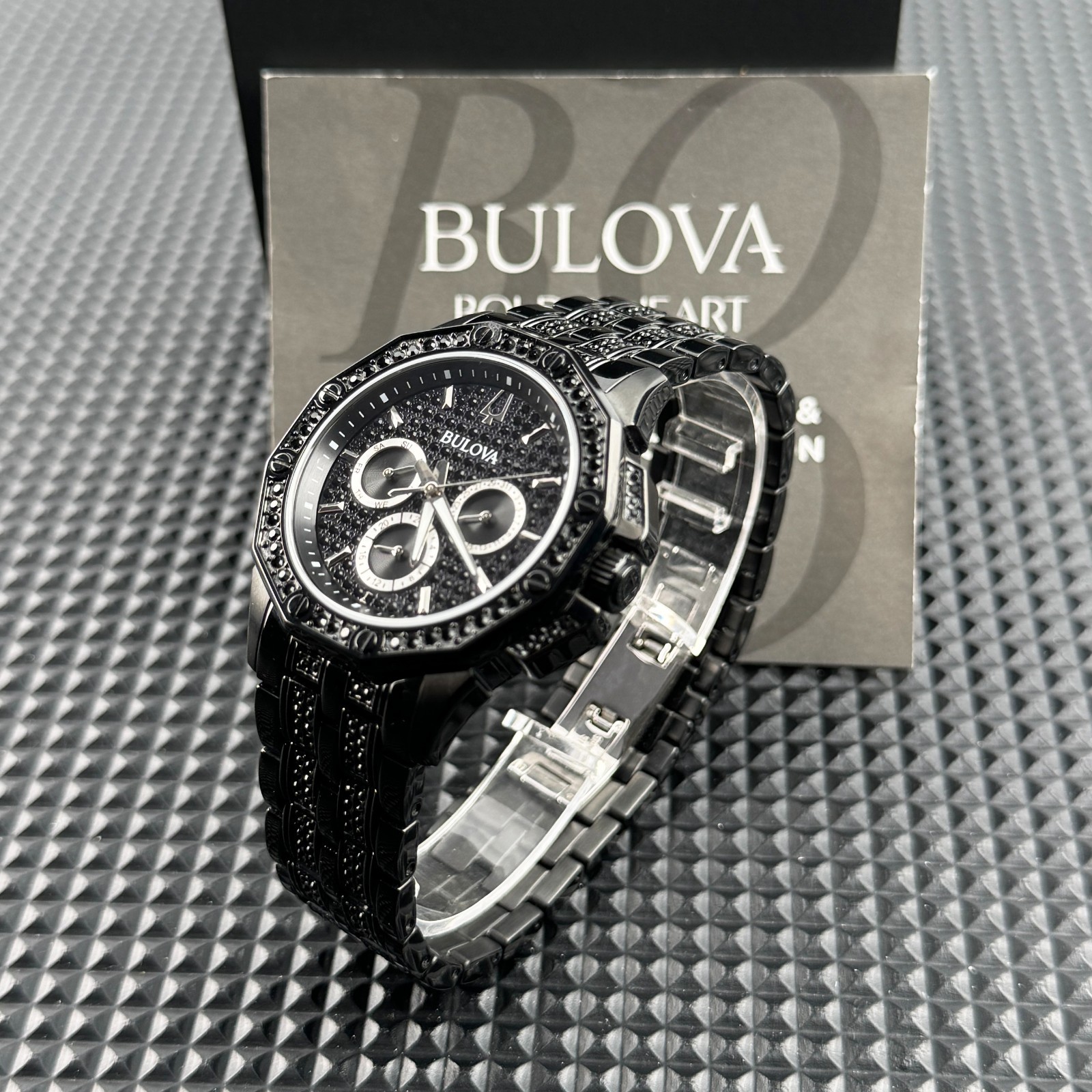 Bulova Octava CRYSTAL Quartz Black Pave Dial 98C134 Men’s Watch 41.5mm