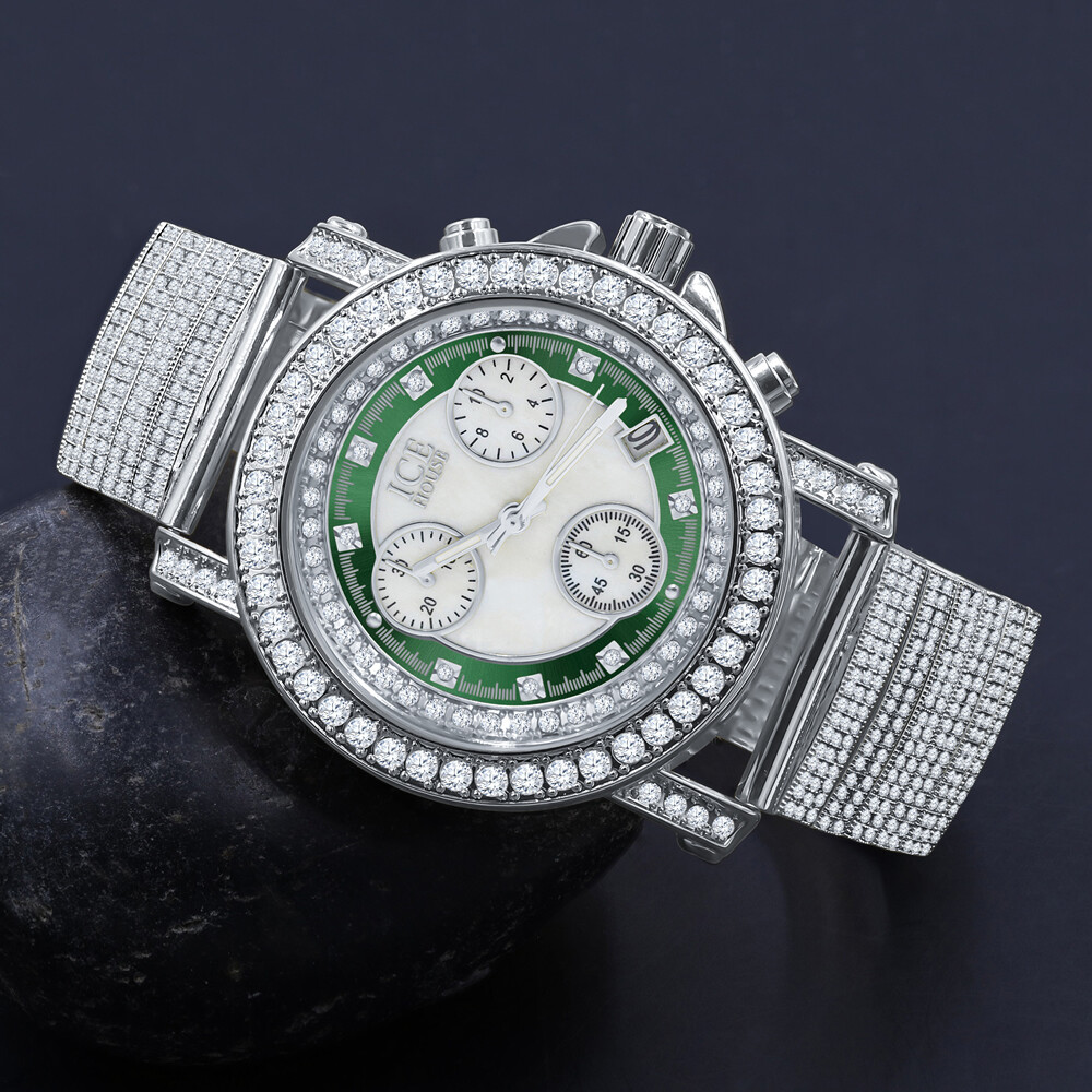 14K White Gold Tone 8 Real Diamonds Green & White Dial Luxury Band Watch W/Date