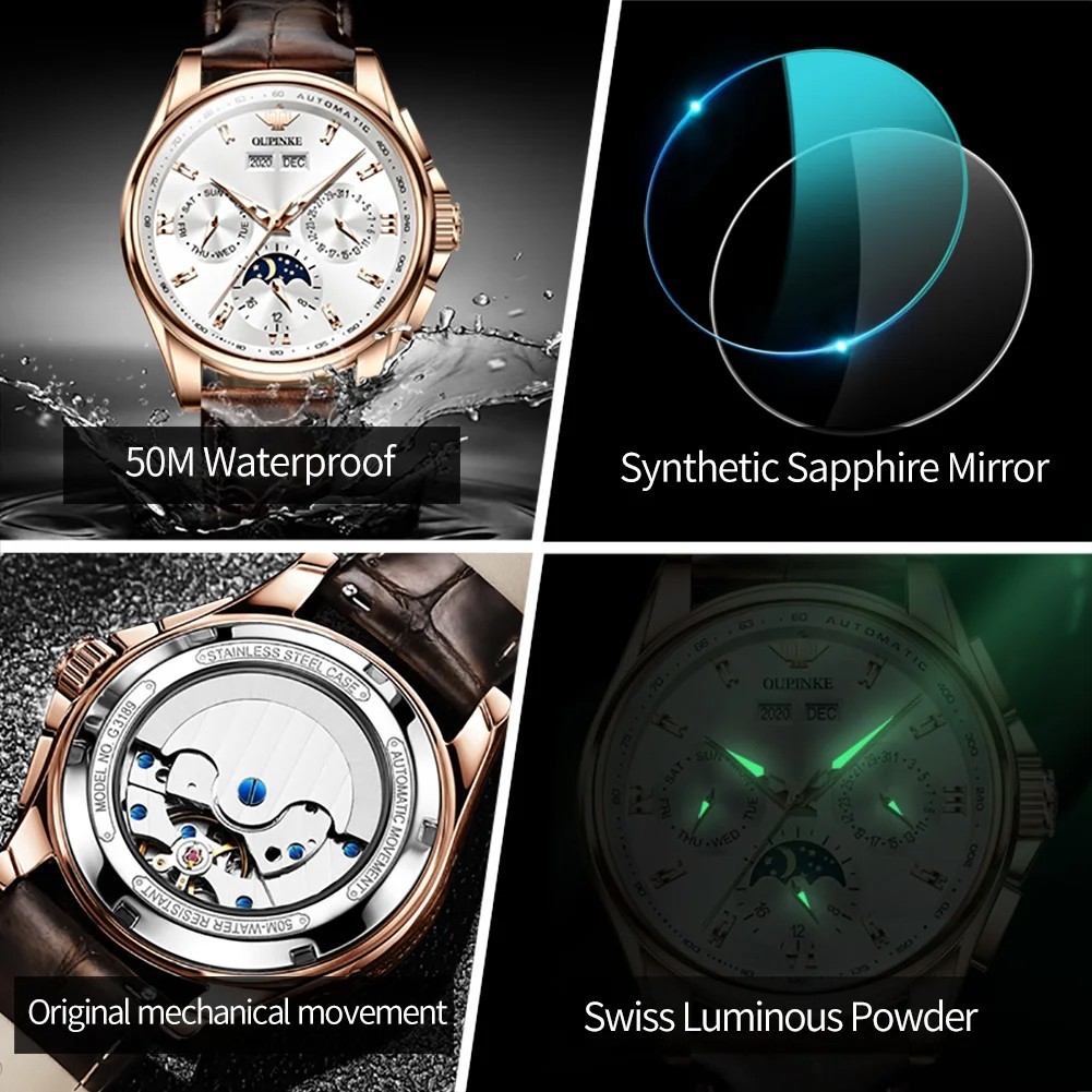 Automatic Mechanical Watch Waterproof Moon Phase Luxury Dial Men’s Men Strap