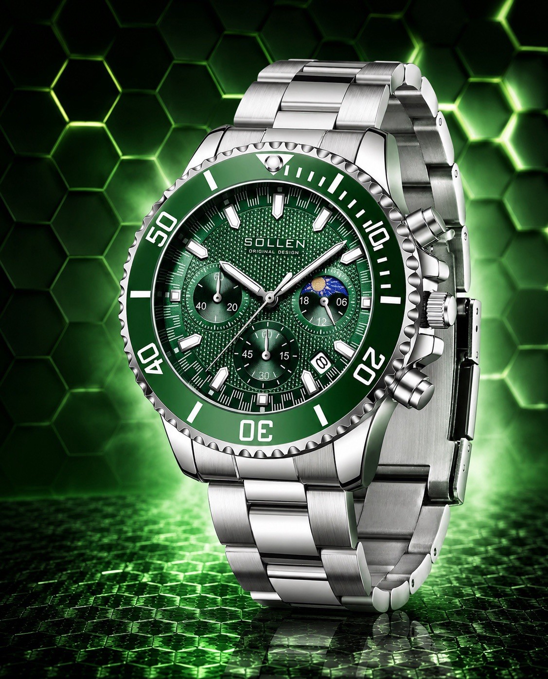 Men’s Sollen Green Chronograph Watch! Analog Quartz, Formal, Classic & SLEEK!!