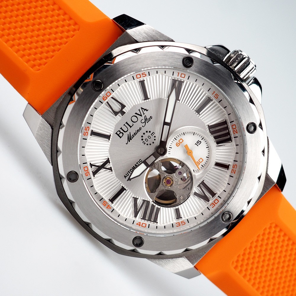 Bulova Men’s Marine Star Automatic White Dial Orange Rubber Strap Watch 98A226