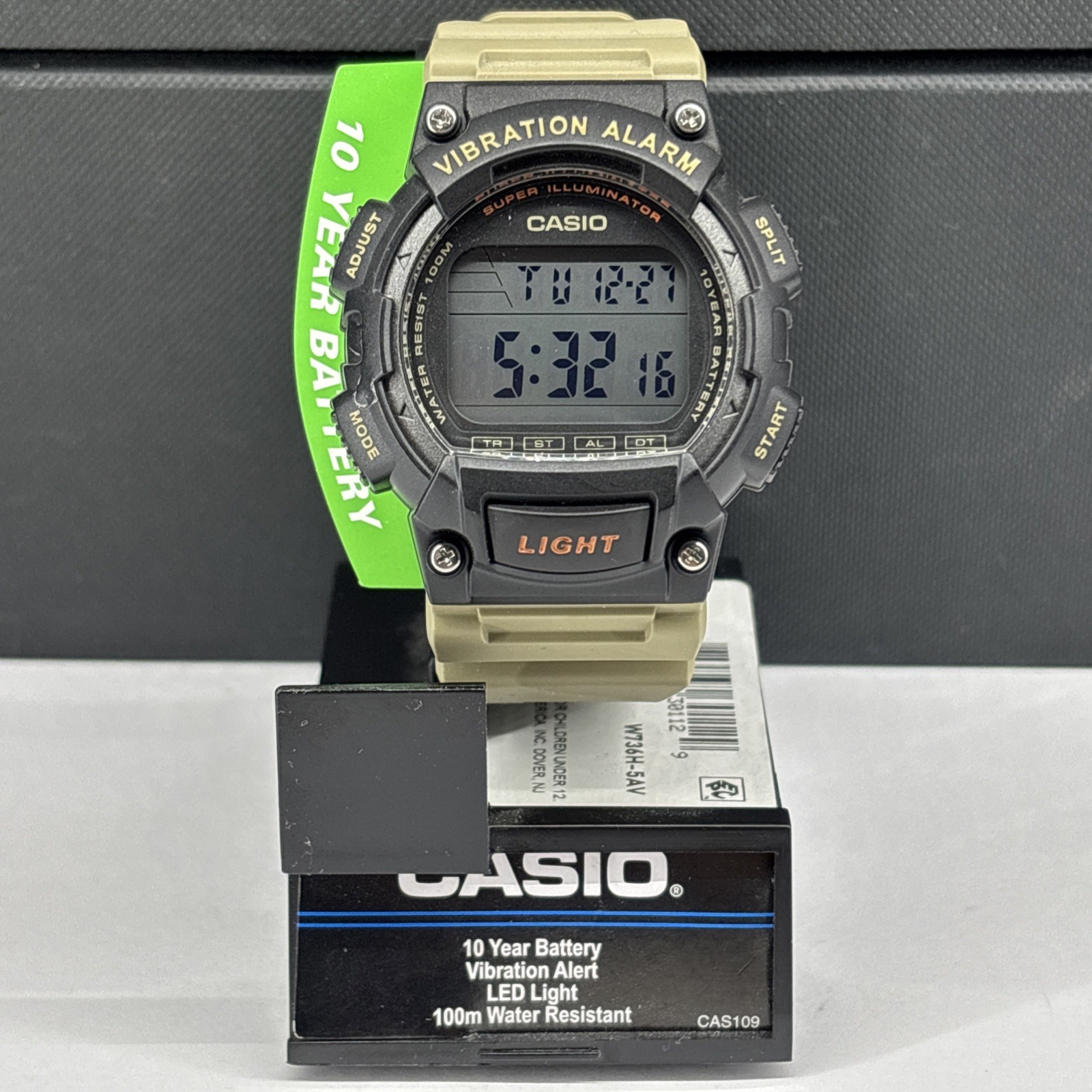 CASIO Vibration Alarm Watch 3446 CA109 LIGHT 100M WR 10 Year Battery Tan/BLK NEW