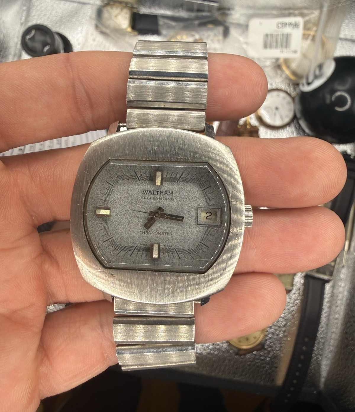 Waltham Chronometer Automatic Date Gray/Black Dial Cushion Steel Bracelet