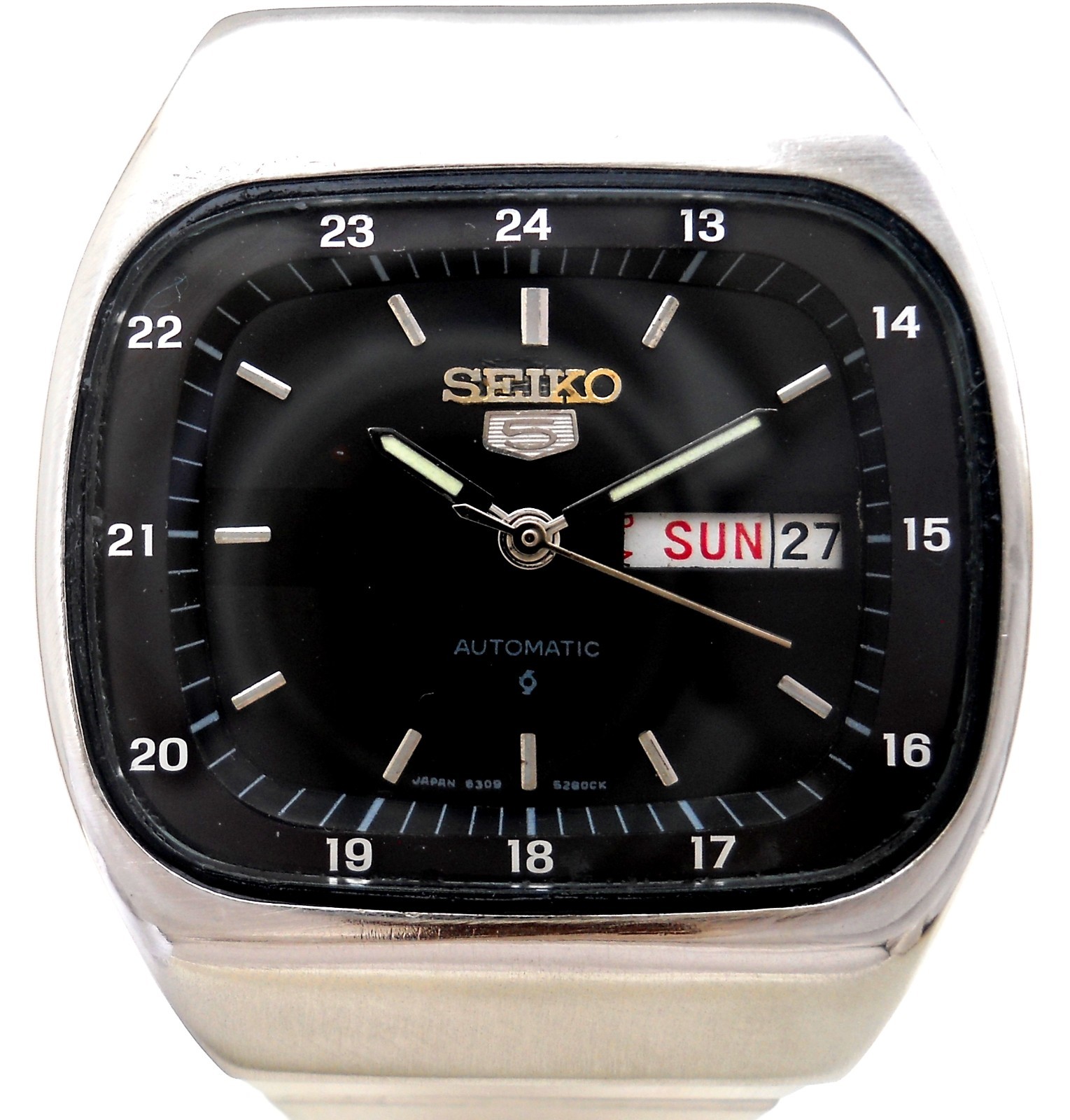 Vintage Seiko 5 Automatic Watch Black Military Dial 6309 TV Screen Case