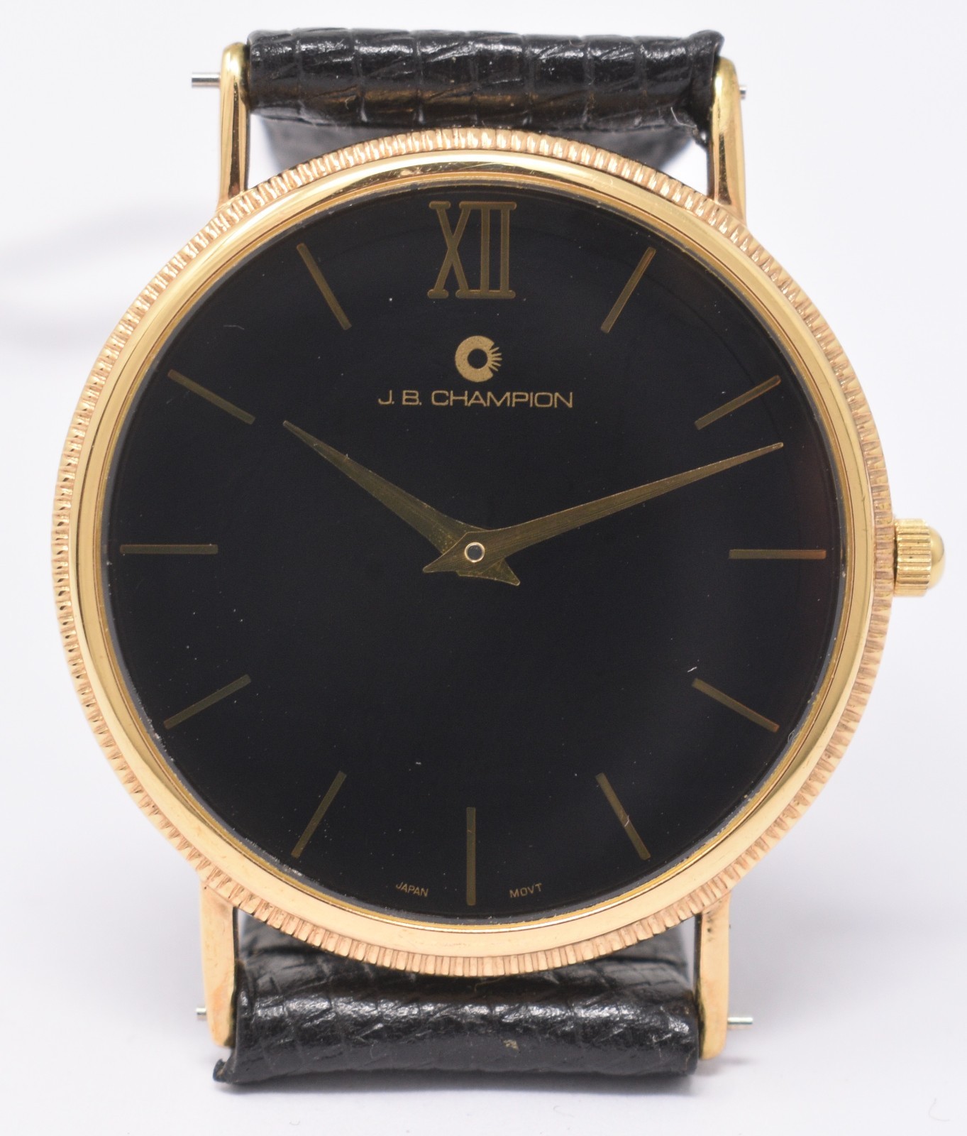 Vintage 1980s JB Champion Mens Gold Plated Coin Edge Black Dial Dress Wristwatch