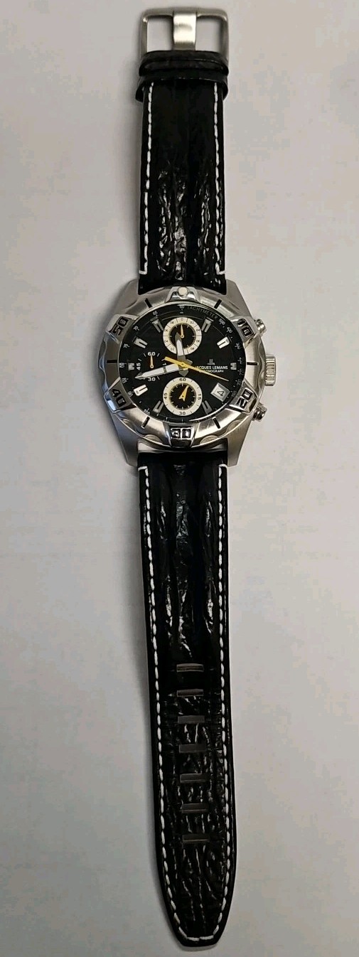 Jacques Lemans Men’s Watch 1-1350 Chronograph 42mm, New Battery, Genuine Leather