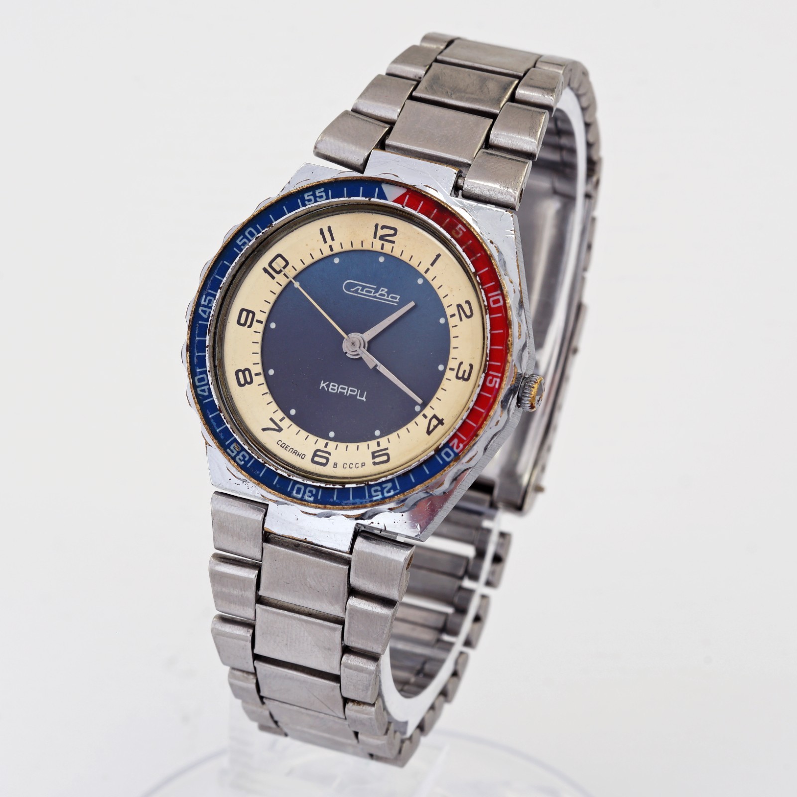RARE Slava quartz pepsi wristwatch USSR Soviet military style diver rare 3056A
