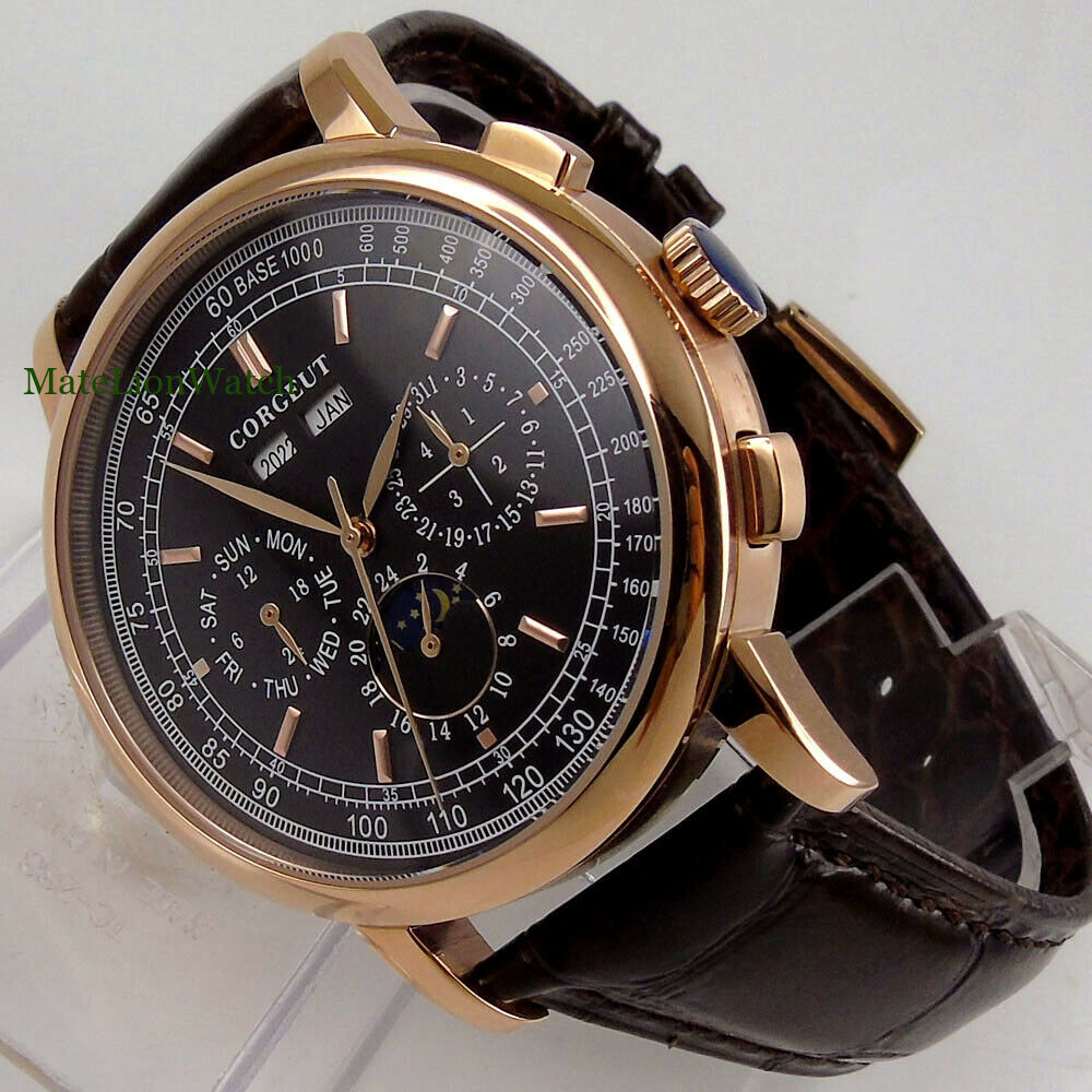 42mm Sterile Automatic Mens Watch Date Month Year Week Leather Strap White/Black