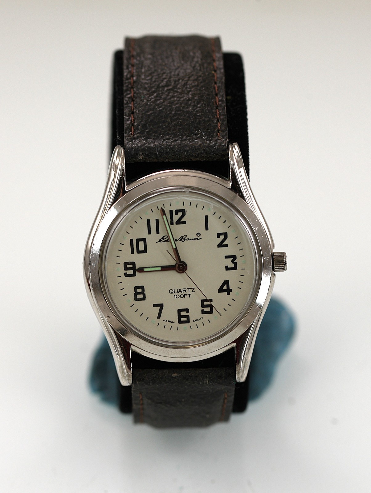 Eddie Bauer Men Watch Silver Stainless St WR Brown Leather Battery Beige Quartz