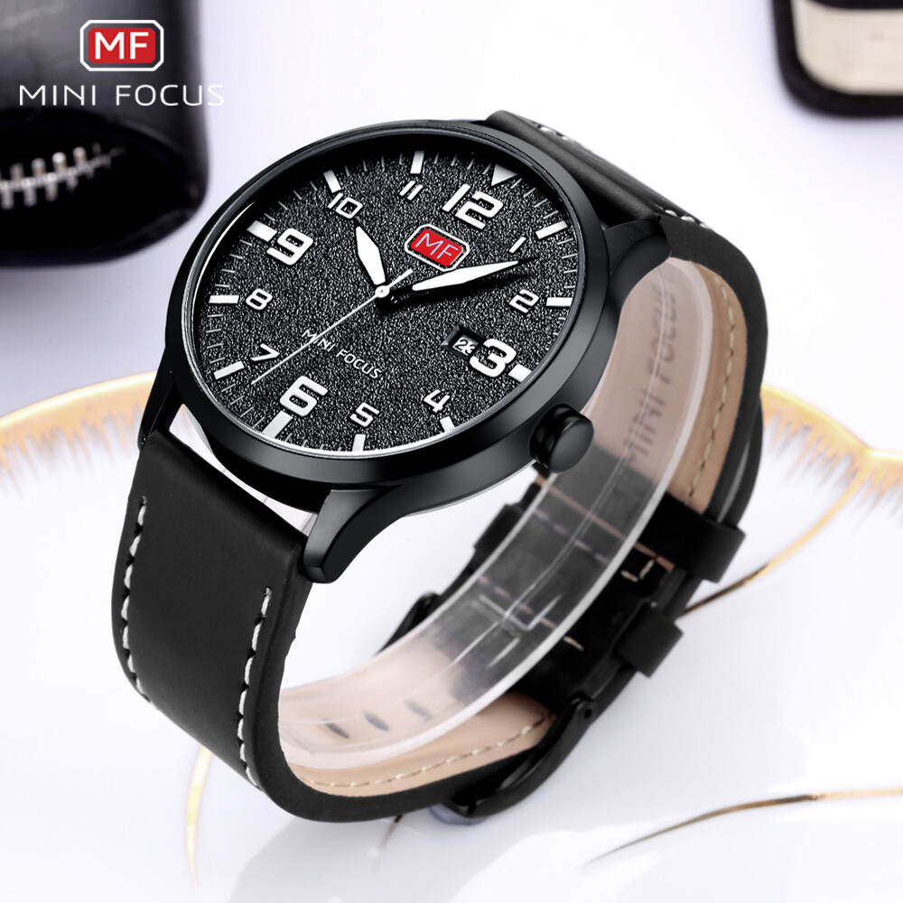 MINI FOCUS Men Ultra Thin Quartz Sports Watch Leather Strap Wristwatch with Date