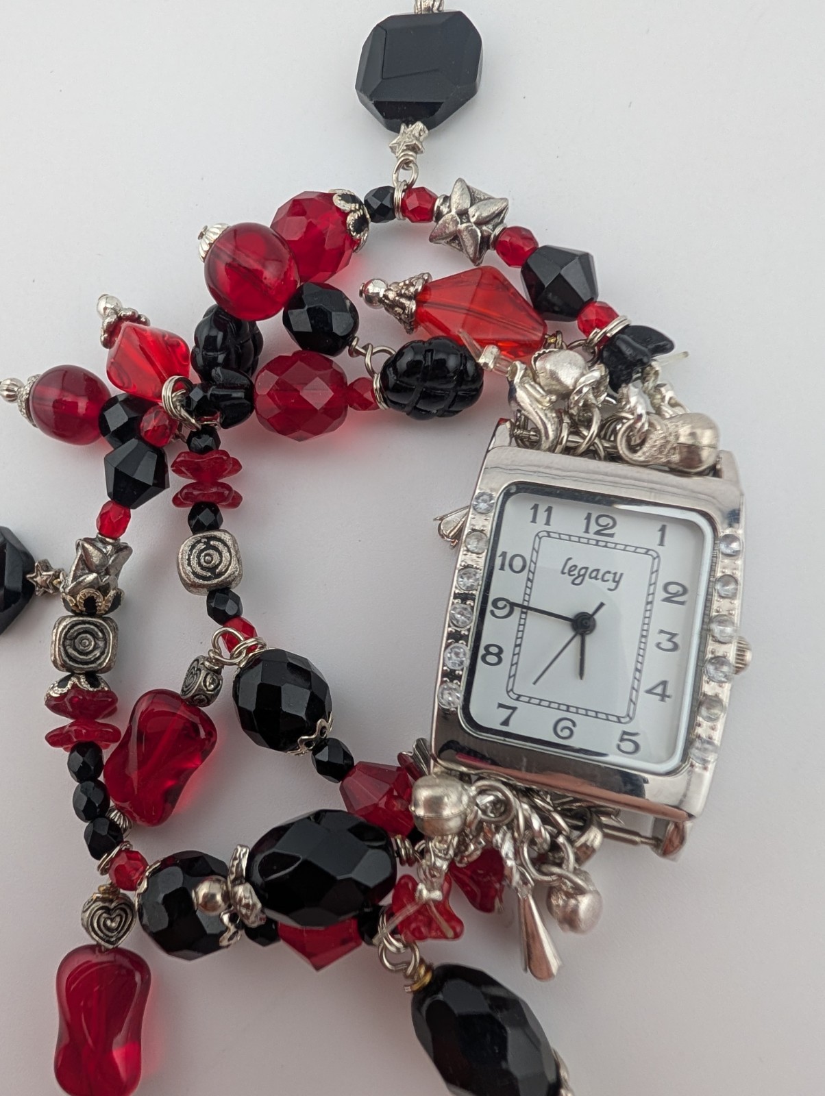 Vintage Legacy Watch Women 25mm Silver Case Beaded Band Red/Black- New Battery