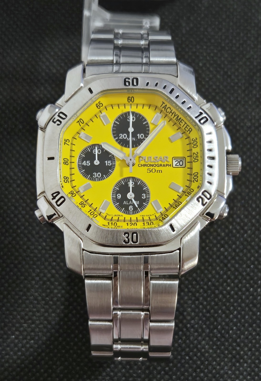 Pulsar by Seiko Y182-5A50 Octagon Alarm Chronograph Yellow Dial Oct 1998 *READ*