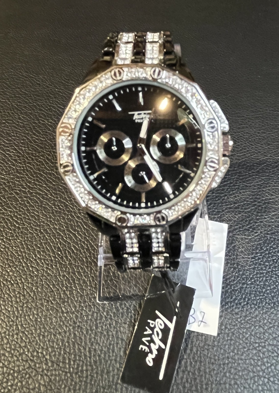 Techno Pave Unisex Wristwatch Model 8924 Black Finish Stainless Steel Gem Inlay