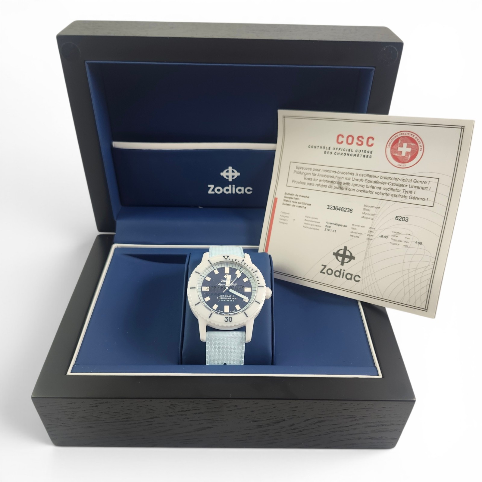 NEW Zodiac Super Sea Wolf Automatic Compression Light Blue Rubber Watch ZO9590