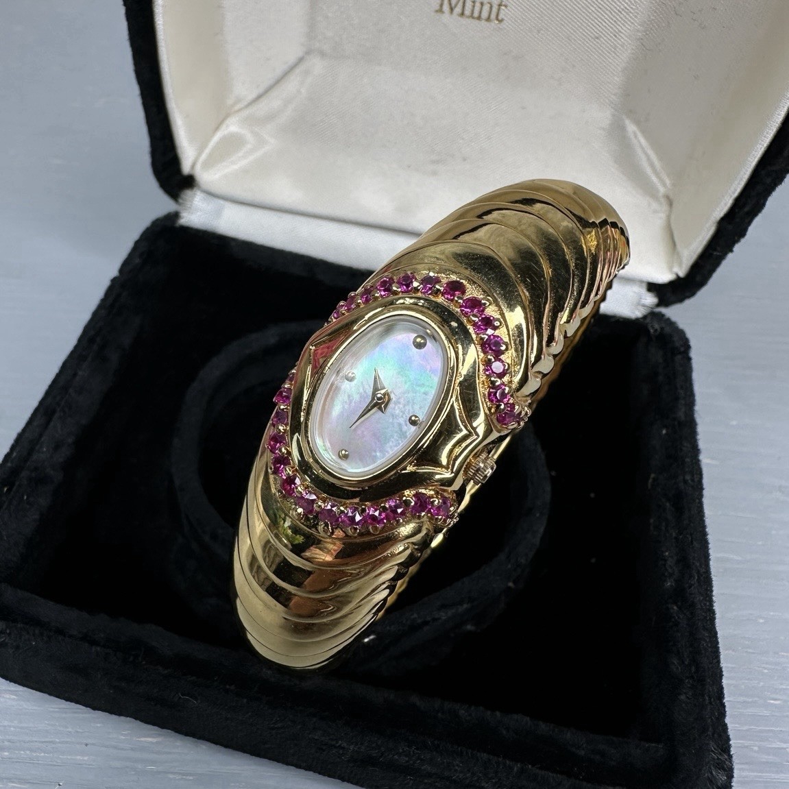 Franklin Mint 1990 Alfred Durante Cuff Watch Gold Ruby MOP Swiss