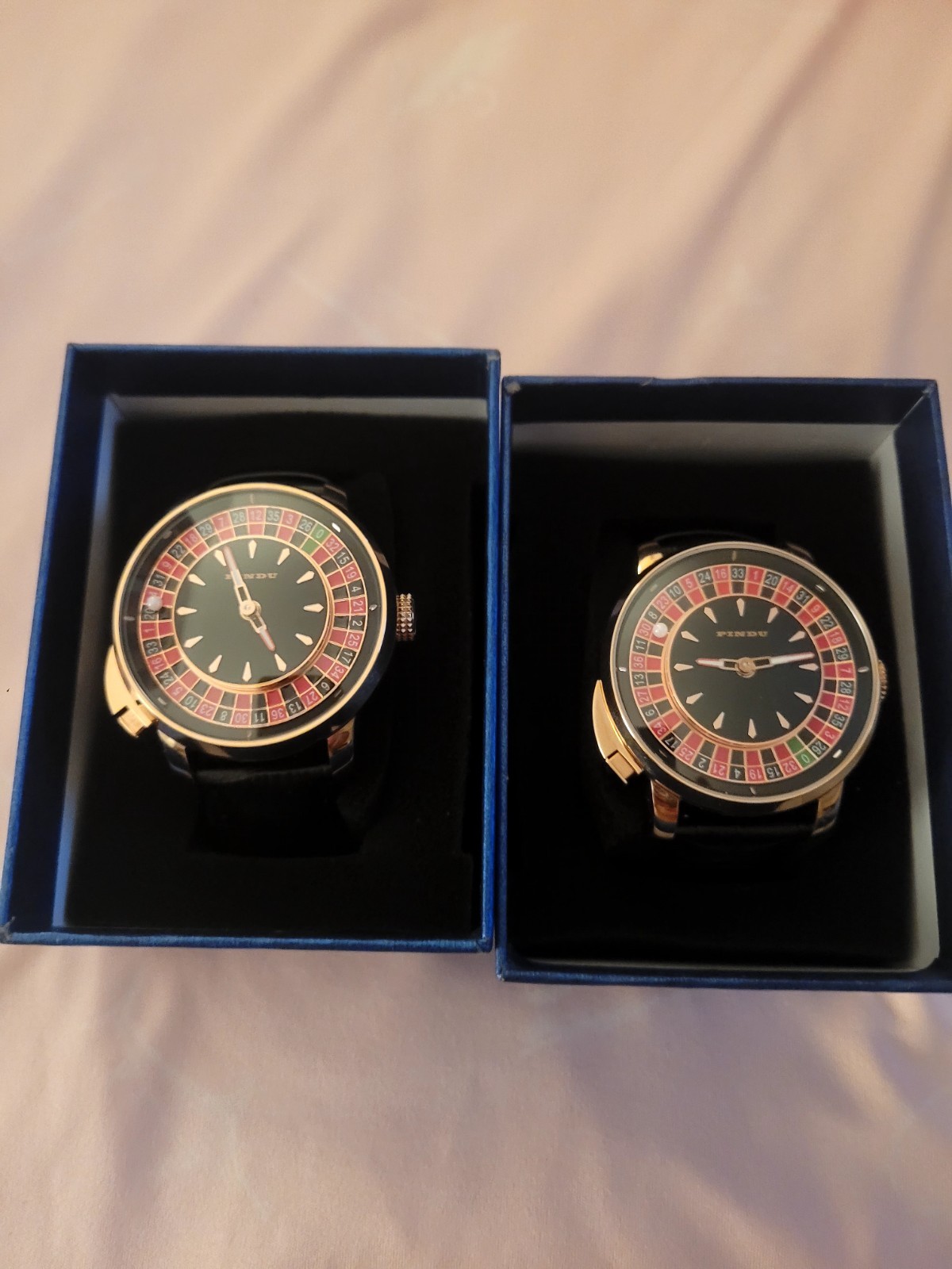 PINDU Roulette Dial Automatic Watch Gold Tone Case Black Leather Band 40mm 3ATM