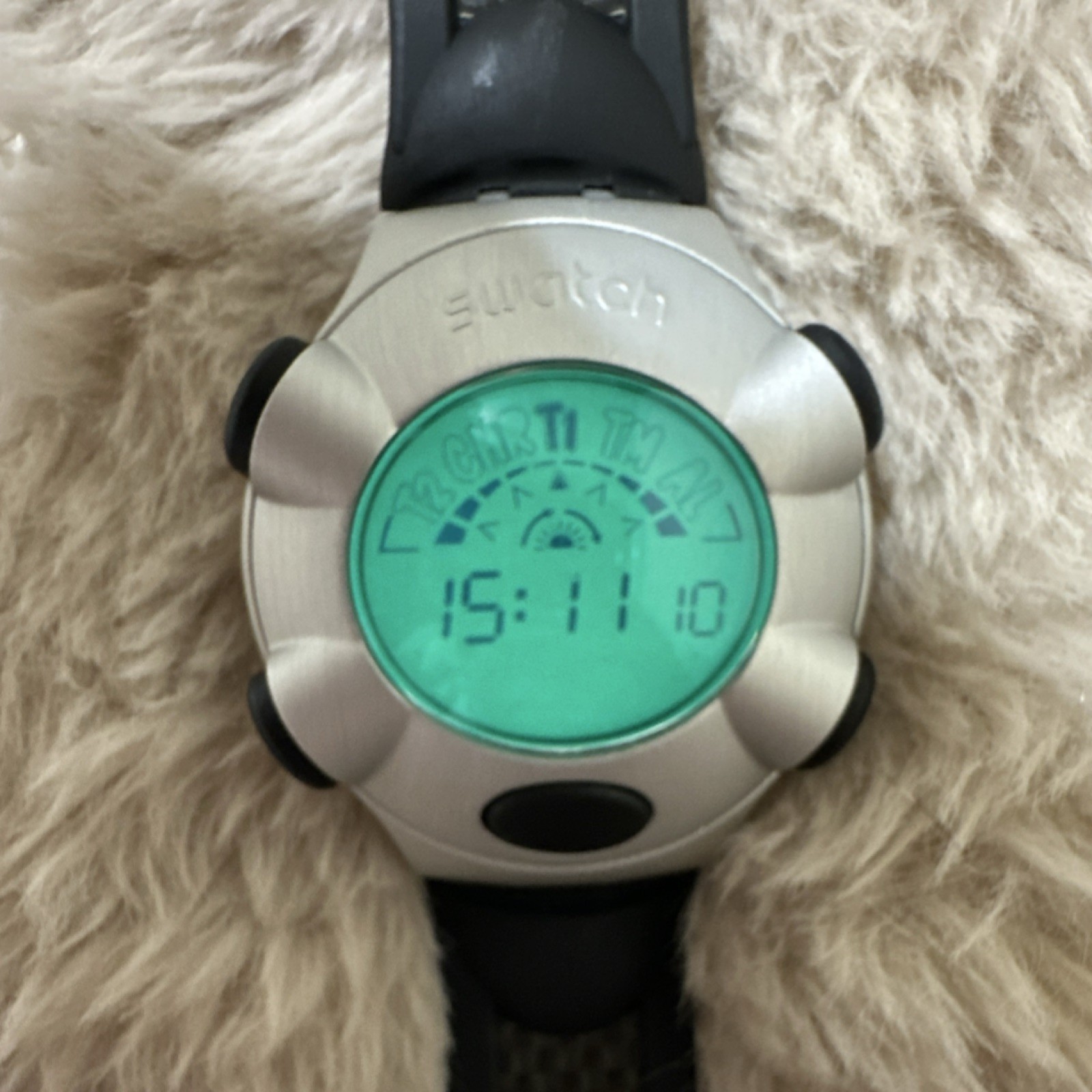 Swatch Beat Aluminium Digital Quartz Wristwatch Black Band Silver Case w/ Box