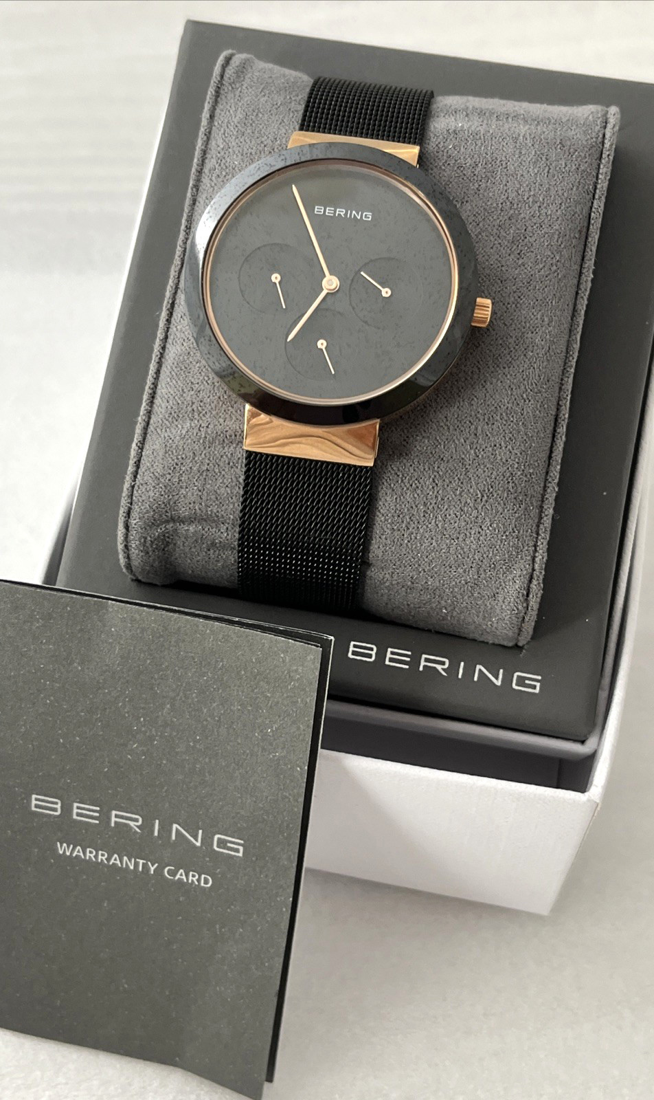 BERING Ceramic Watch 35036-166 36mm Black / Rose Gold Adjustable Mesh Band $199