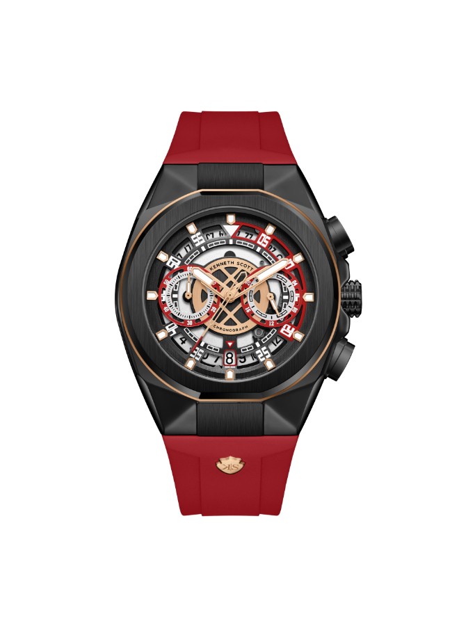 Kenneth Scott Men’s Chronograph Watch | Black Dial, Red Band, 43mm, 30 m (3 ATM)