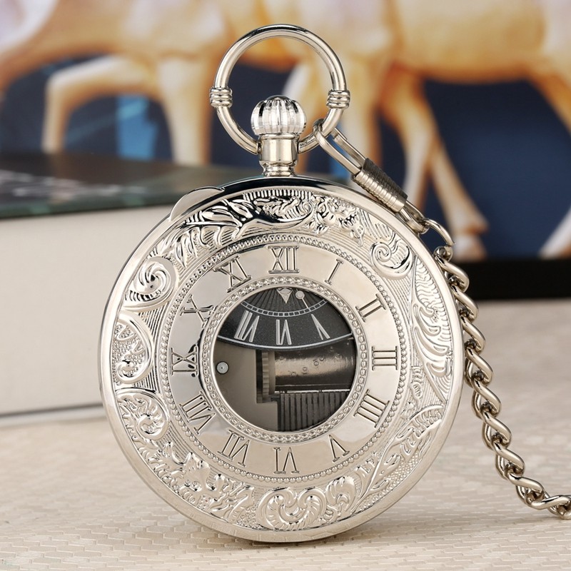 Swan Lake Musical Pocket Watch Silver Quartz Manual Music Box Roman Dial w/Chain