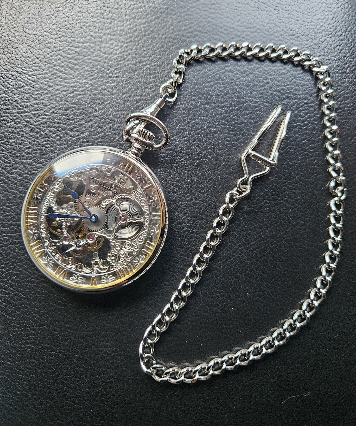 HURLINGHAM Skeleton Mechanical Pocket Watch Open Face w/ Chain Roman Numerals