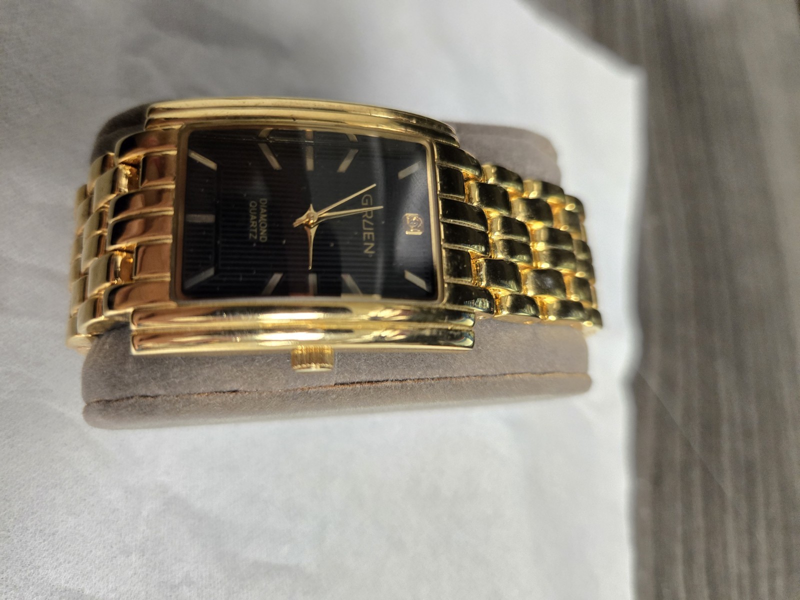 Gruen Diamond Quartz Women’s Rectangular Watch Black Dial Gold Tone Bracelet