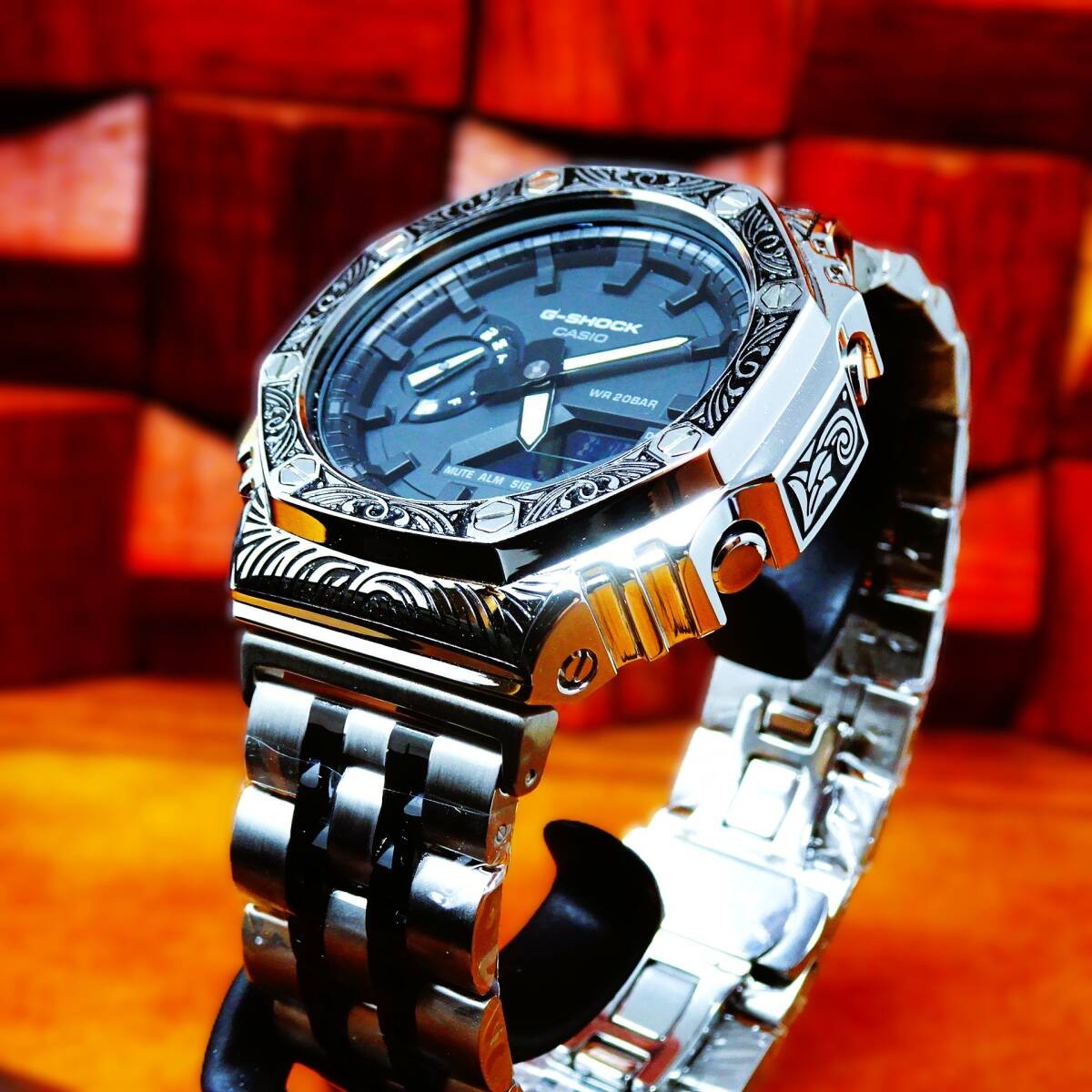 CUSTOM CASIO G-Shock GA-2100-7A Stainless Steel Venetian Pattern New item in Box