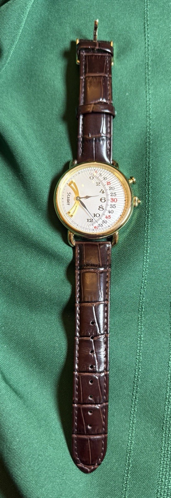 44mm 1920s RETROGRADE White Sunburst Dial | Goldtn Case| Brown Band STAUER Watch