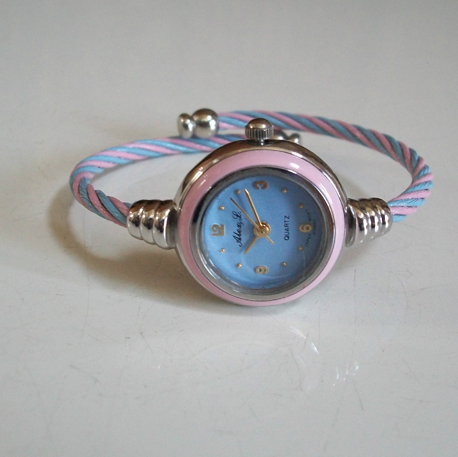 Pink & Blue Silver Finish Cable Band Bangle Cuff Fashion Women’s Girl’s Watch