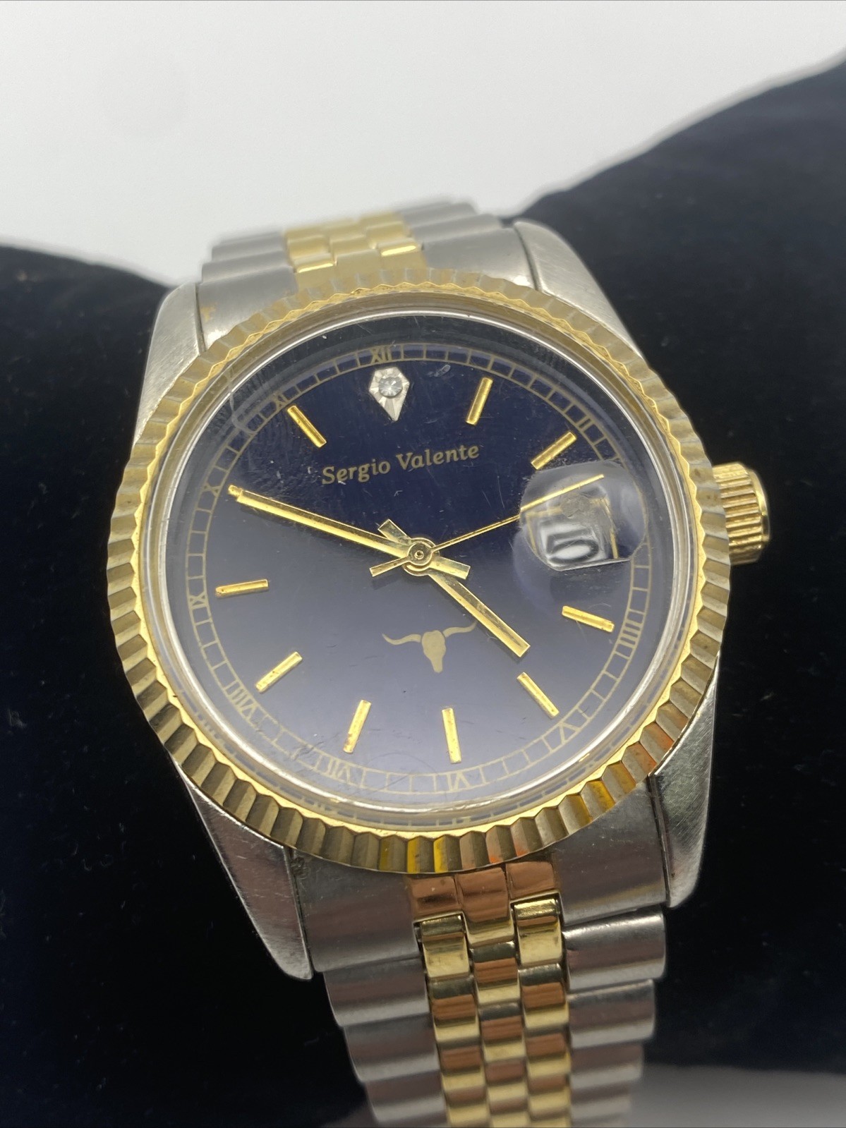 Sergio Valente Men’s Watch Two Tone Stainless Steel Navy Dial New Battery 7.5”