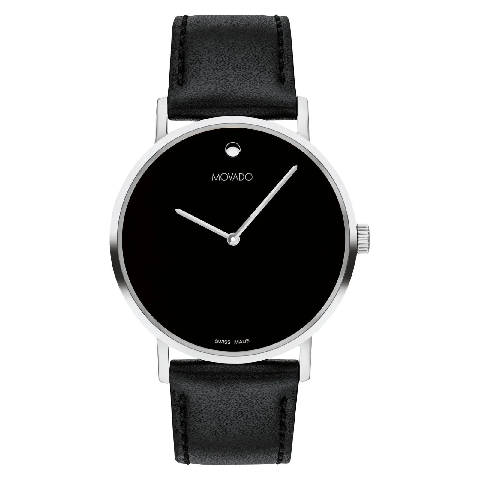 Movado Signature Quartz Silver Case W/ Black Leather Band Men’s Watch 0607589
