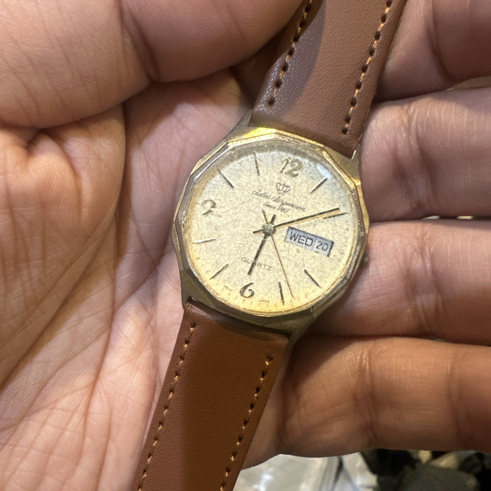 Works Vintage Jules Jurgensen Men’s Day Date Brown New Band 32mm Fit 7.5” – READ