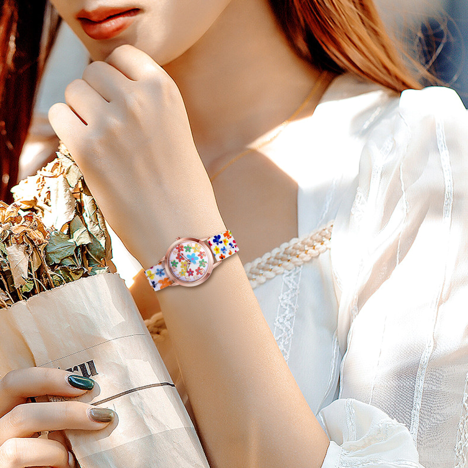 Women Girls Fancy Soft Flowers Printed Silicone Strap Quartz Dress Wrist Watches