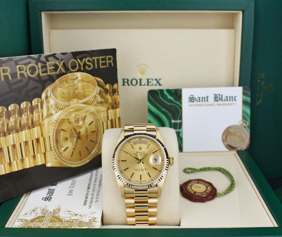 ROLEX 18kt Gold DayDate 36mm President Champagne Stick Dial 18238 – SANT BLANC