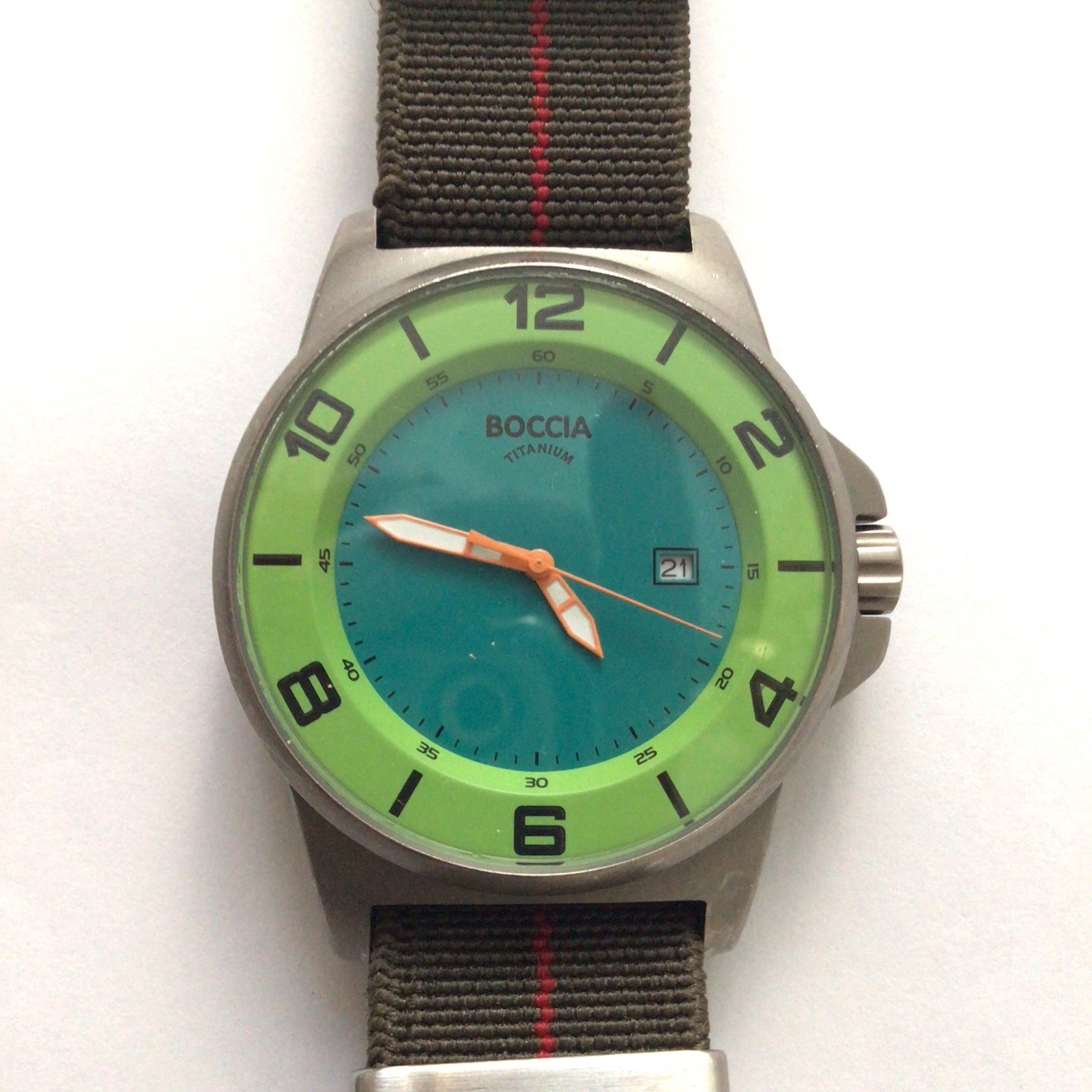 Boccia ID Titanium Men’s Two Tone Green Blue Watch Brown Stretch Canvas Band