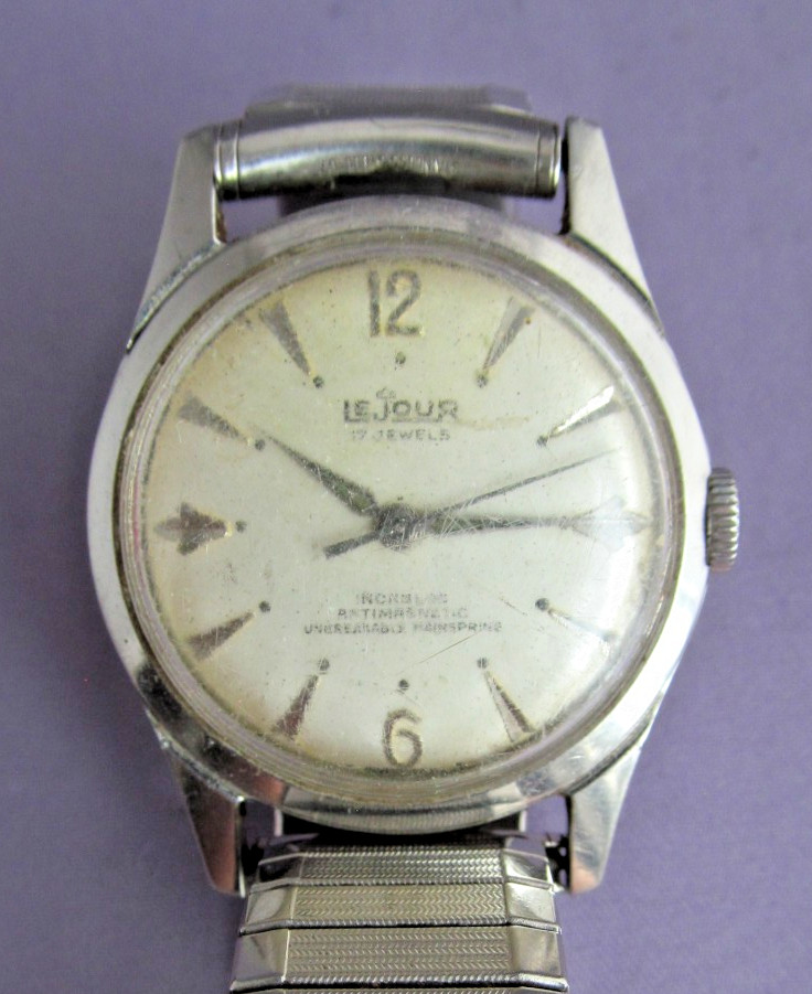 VINTAGE STAINLESS STEEL MEN’S LE JOUR 17 JEWEL INCABLOC WATCH WORKS