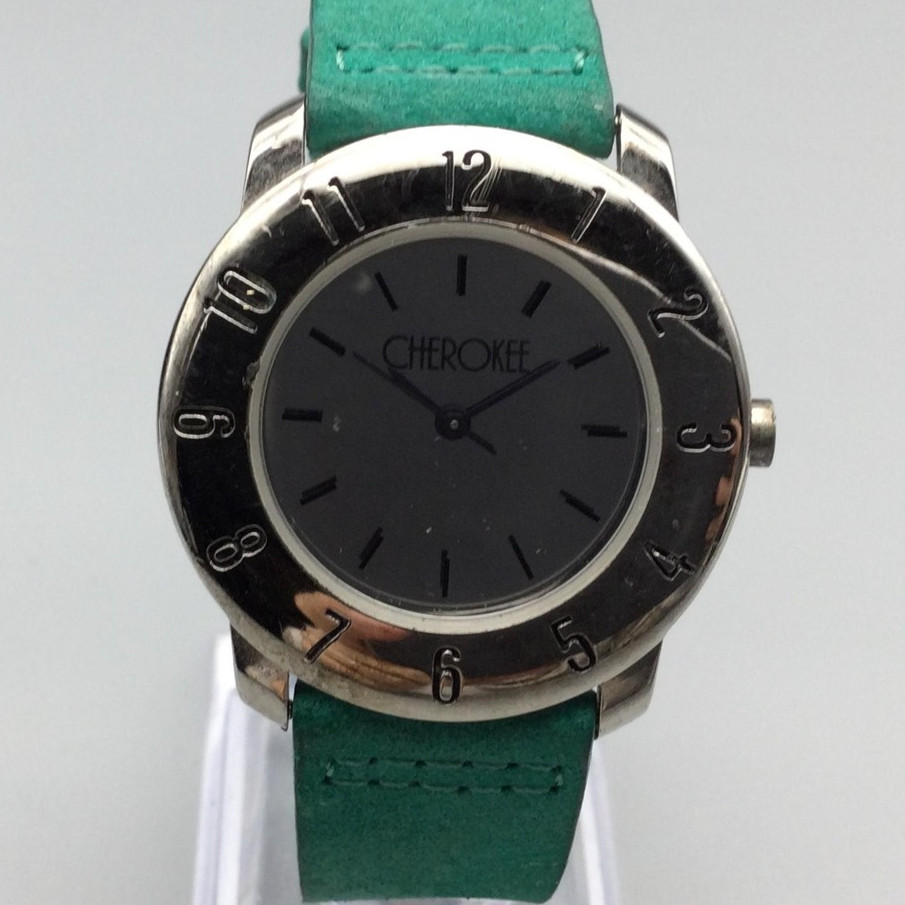 Cherokee Watch Womens 34mm Silver Tone Green Leather Strap New Battery