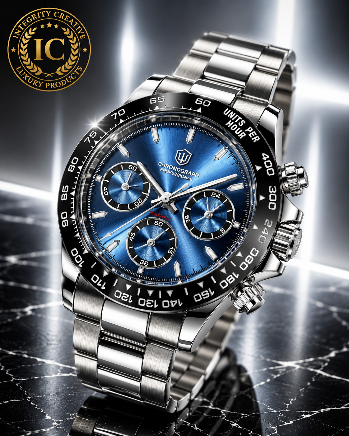 Men’s Chronograph Aviator Japanese Quartz Movement Watch 38mm Blue Dial Silver