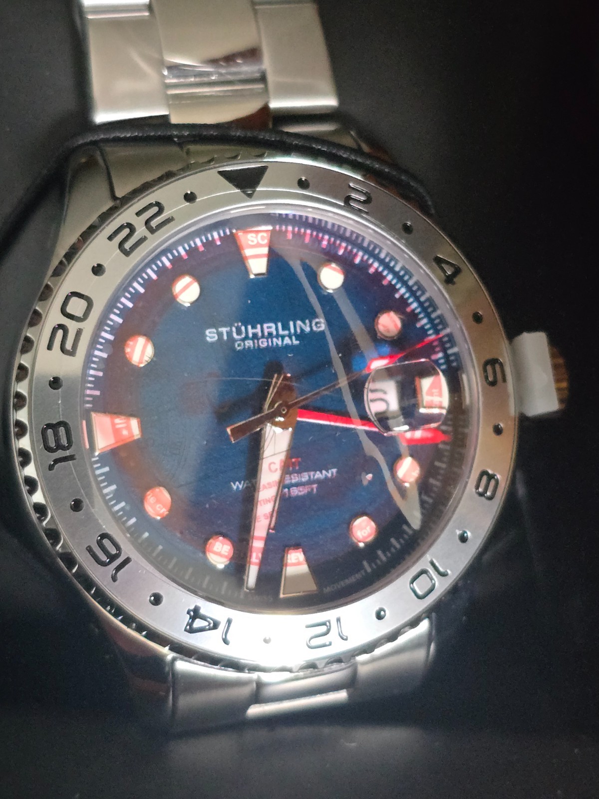 Stuhrling 4077 3 Equinox GMT Quartz Date Stainless Steel Blue Dial Mens Watch