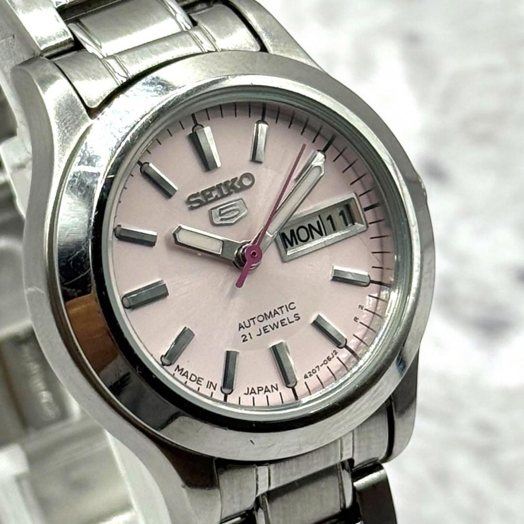 SEIKO 5 automatic ladies wristwatch day date pink working From Japan