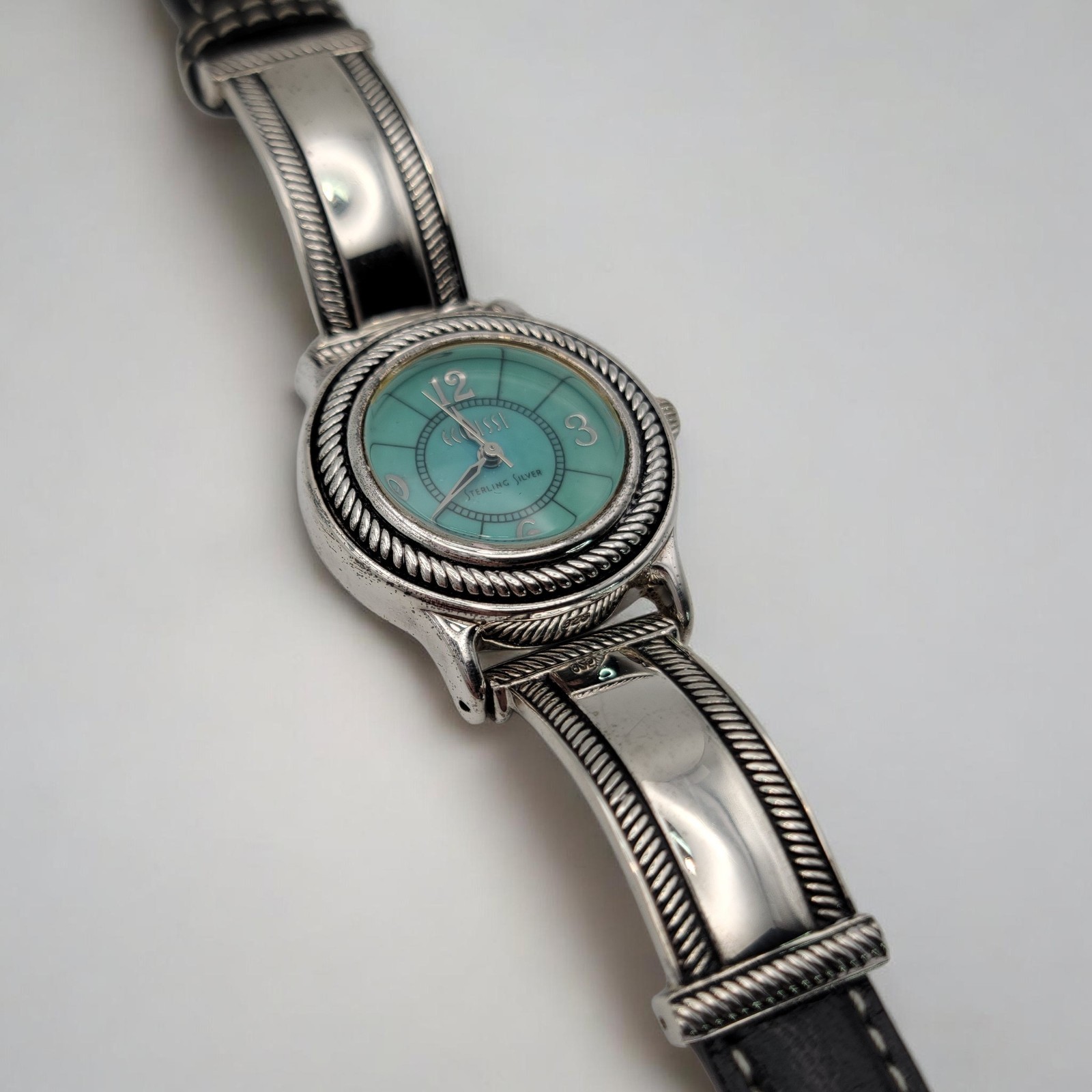​Vtg Ecclissi 23110 925 Sterling Silver Western Watch Turquoise Green Dial NOS